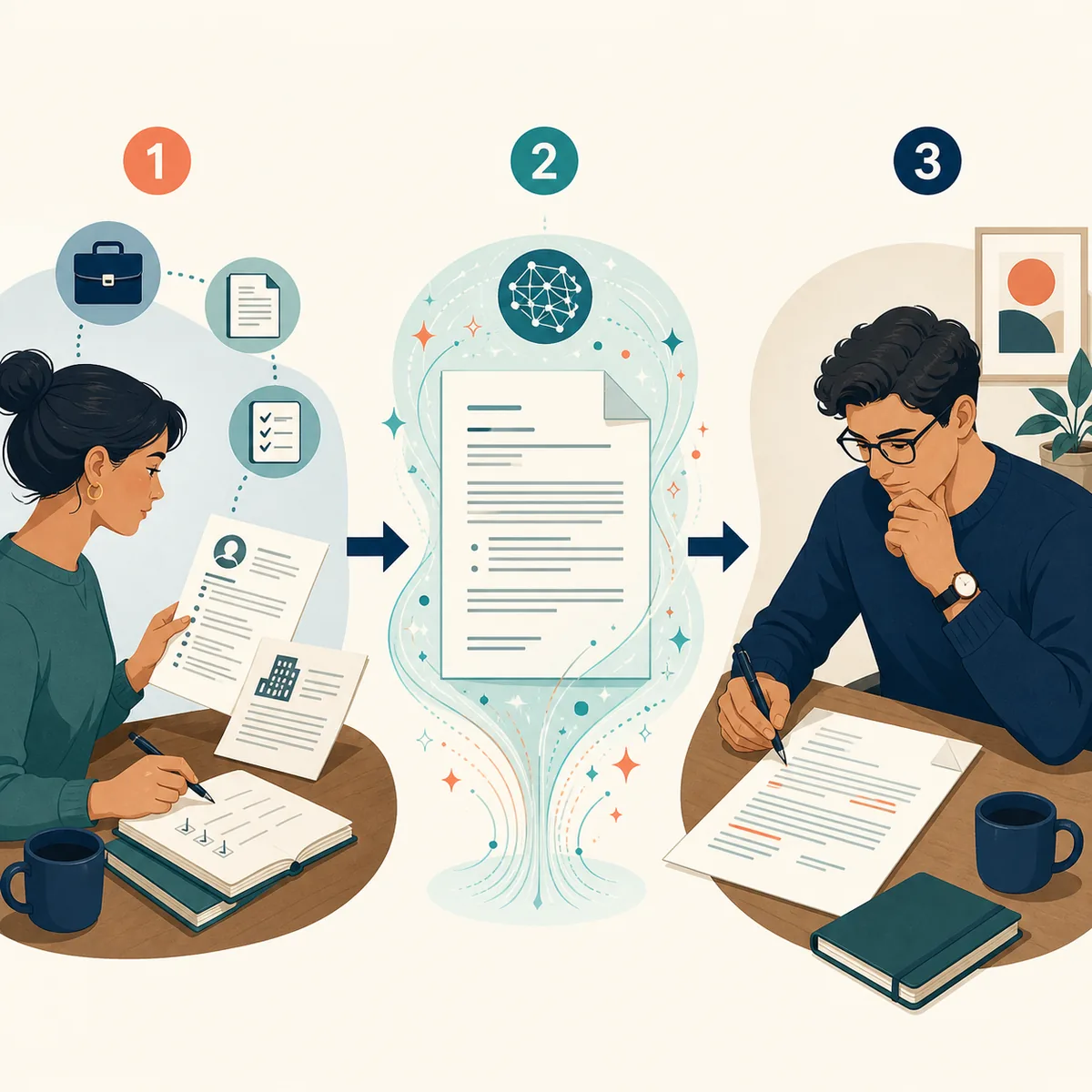 Three-stage illustration showing resume facts, an AI draft, and human review of a cover letter