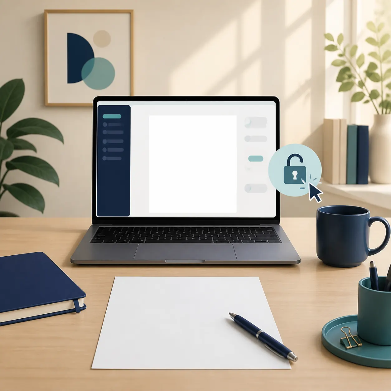 Laptop with a blank letter workspace and an open lock symbol for no-sign-up AI writing