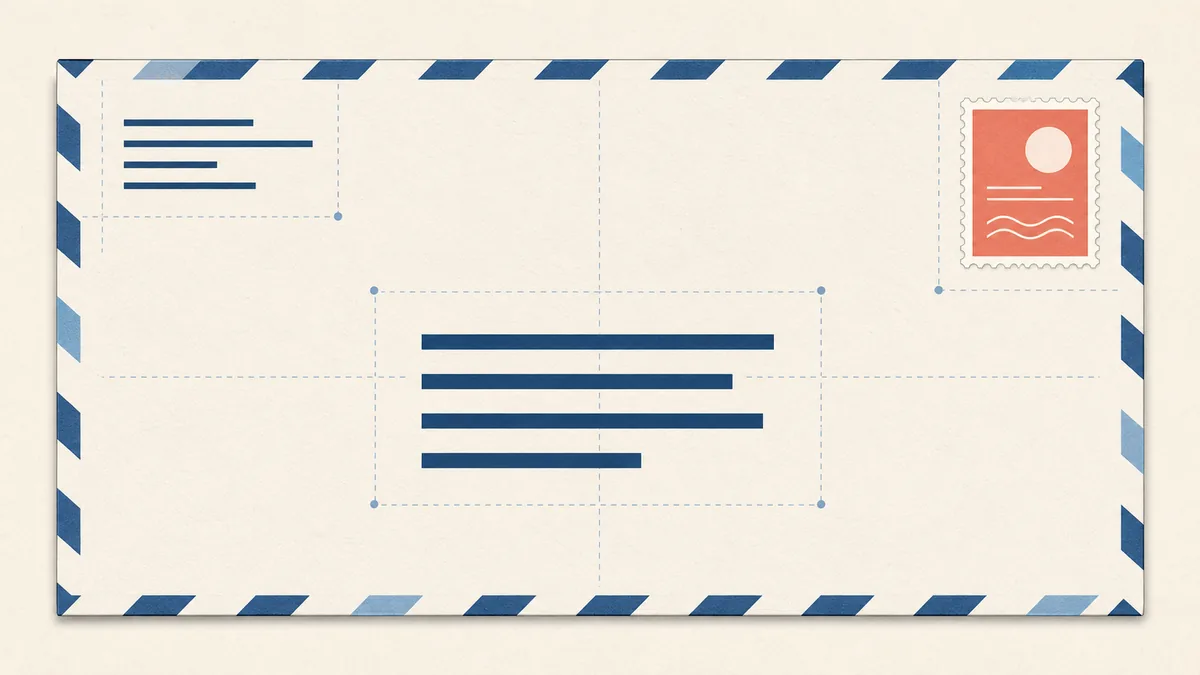 Diagram showing return address at upper left, recipient address in the center, and stamp at upper right