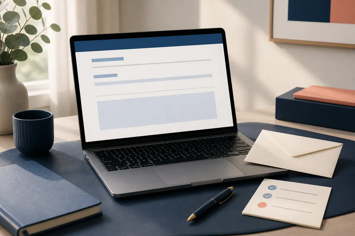 Laptop with an abstract formal email layout beside an envelope and checklist on a tidy desk