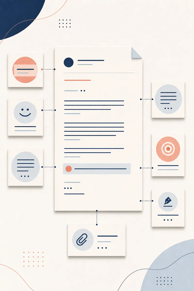 Abstract diagram showing the parts of a formal email from greeting and body to request, closing, and attachment