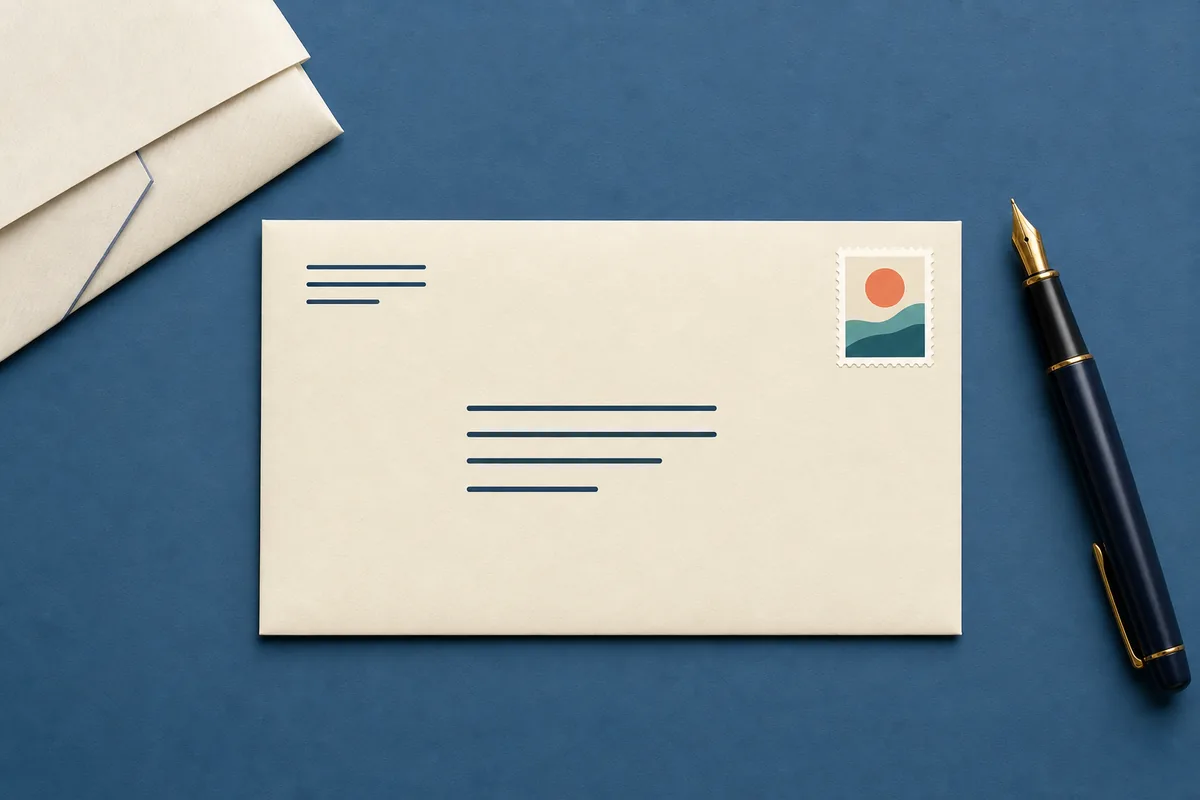 Envelope with return address, recipient address, and stamp in their correct positions