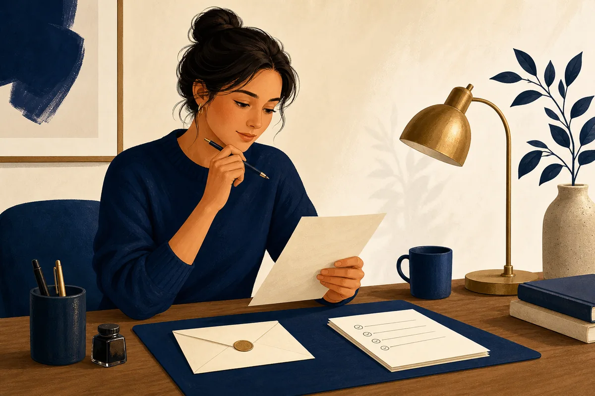 Writer planning a clear handwritten letter at a tidy desk