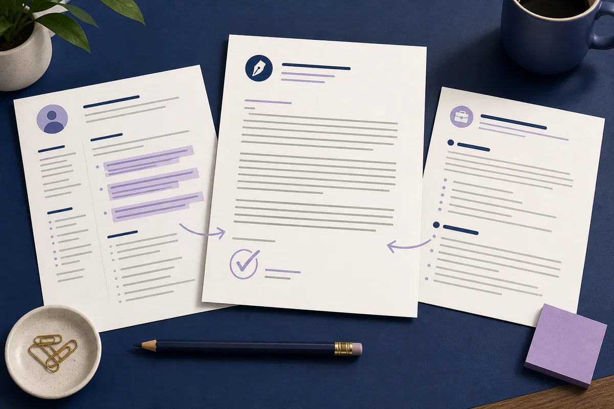 Job description, resume highlights, and a cover letter draft arranged for human review