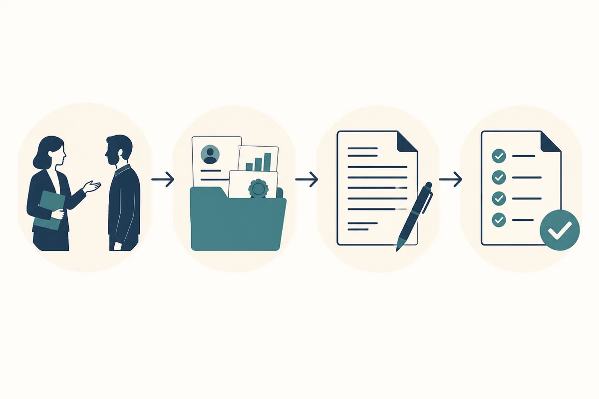 Four-stage recommendation letter process from relationship to evidence, draft, and final check