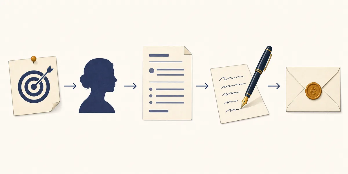 Five-stage letter writing flow from purpose and reader to draft and sealed envelope