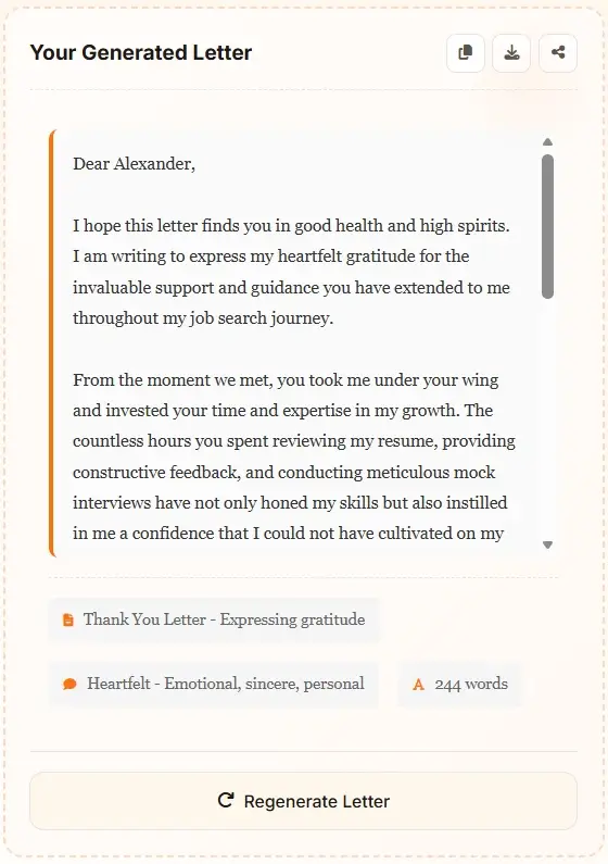 AI letter generator appreciation letter example - Heartfelt thank you letter created by AI letter writer