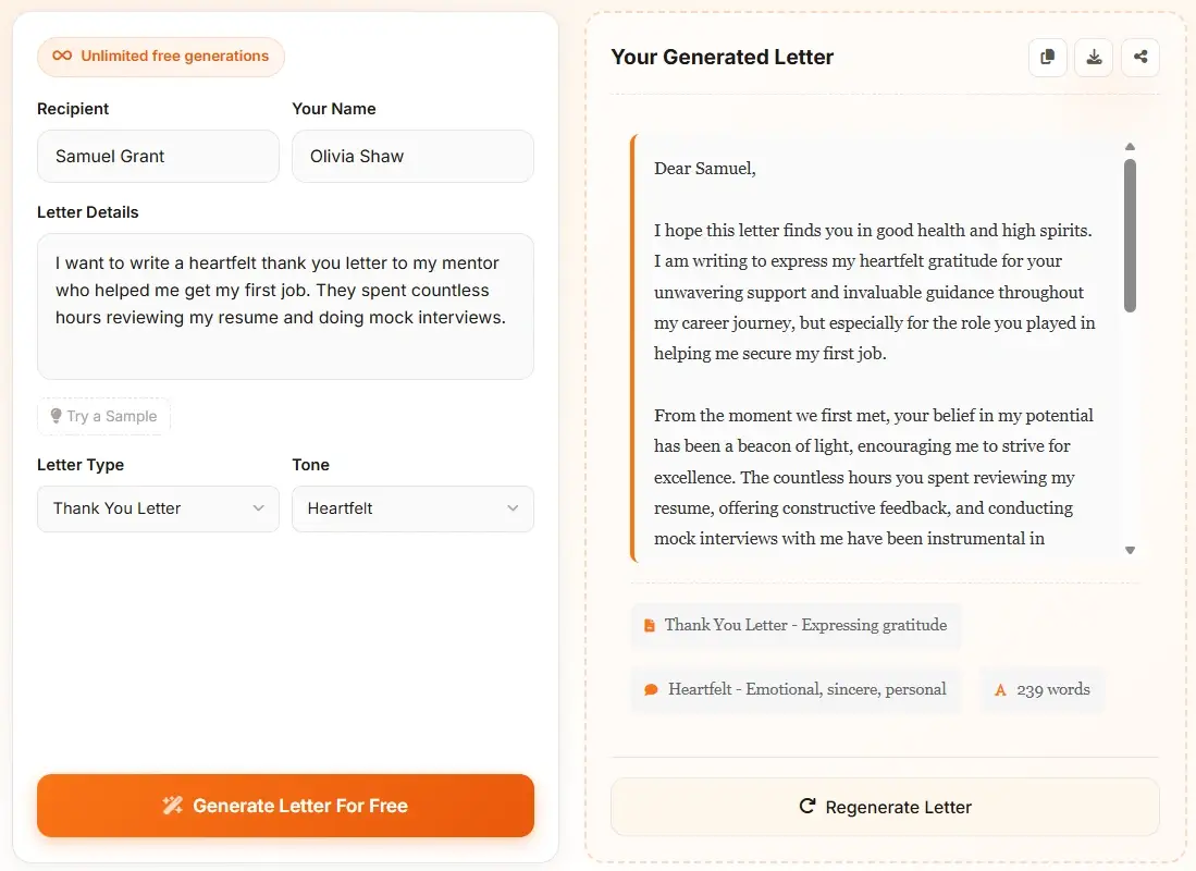 AI Letter Generator input form screenshot - enter recipient, your name, and letter details