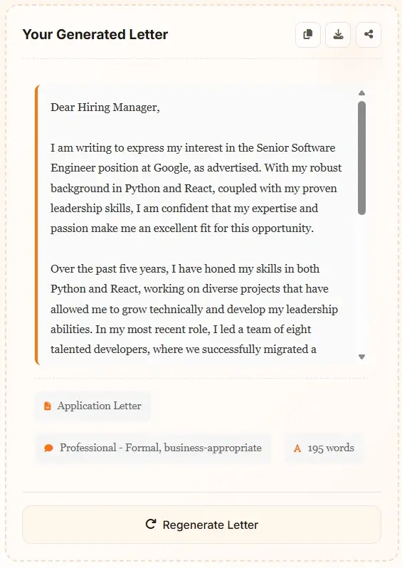 AI letter generator cover letter example - Professional job application letter created by AI