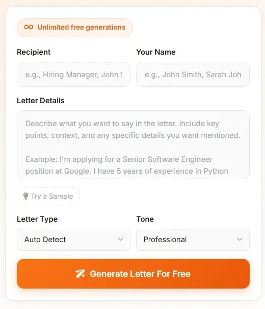 AI Letter Generator main form - complete letter generation interface with all options