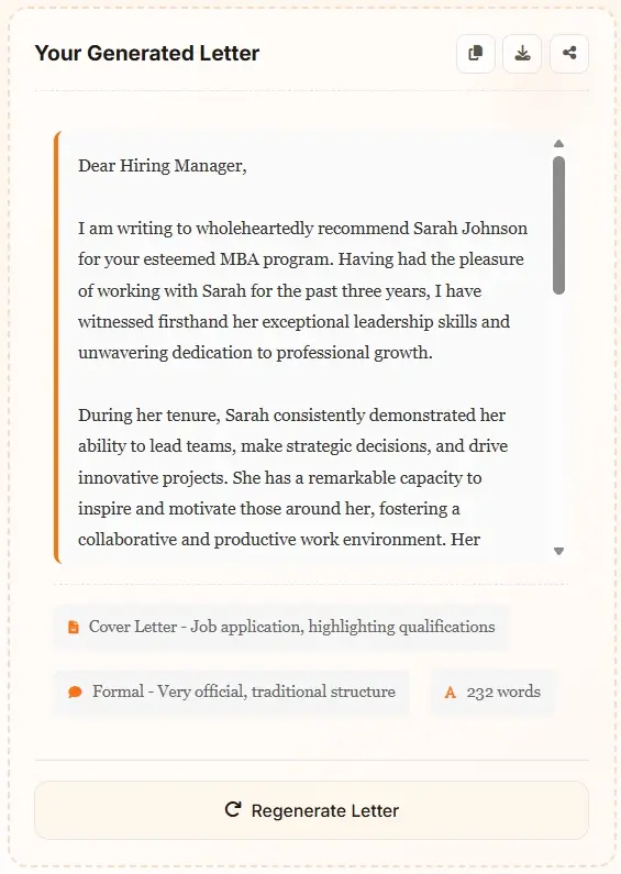 AI Letter Generator recommendation letter output - professional reference letter example