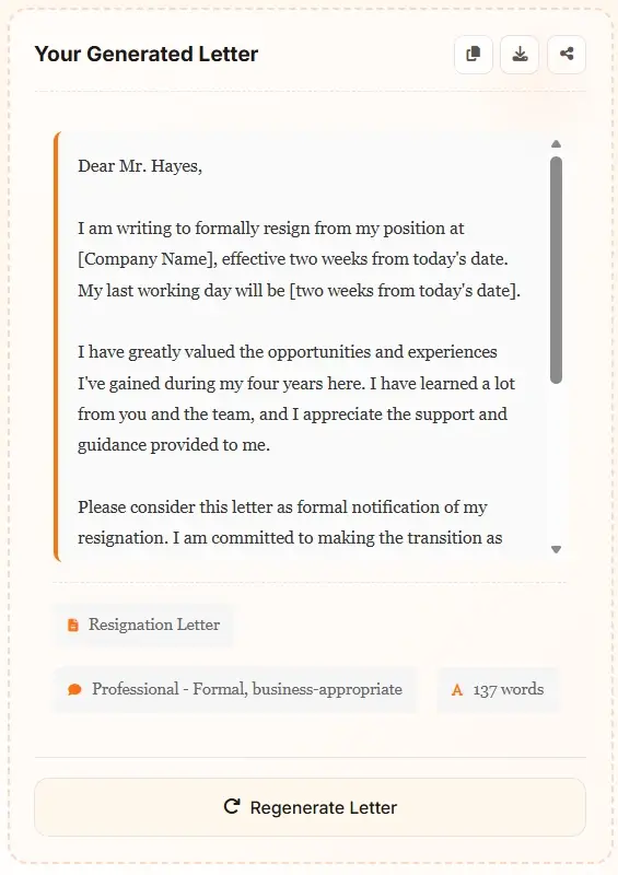 AI letter generator resignation letter example - Professional resignation letter by AI letter writer