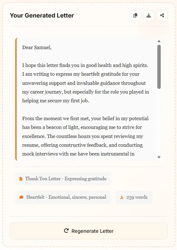 AI Letter Generator thank you letter - heartfelt appreciation letter created by AI